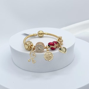 May include: Gold charm bracelet with a red heart, a charm with a medical symbol, and a charm with a heart and stethoscope. The bracelet is on a white surface.