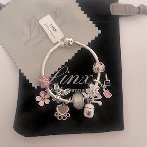 Pulsera de cadena de serpiente de plata Linx con dijes de petauro del azúcar con esmalte de uñas rosa y música, plata de ley 925