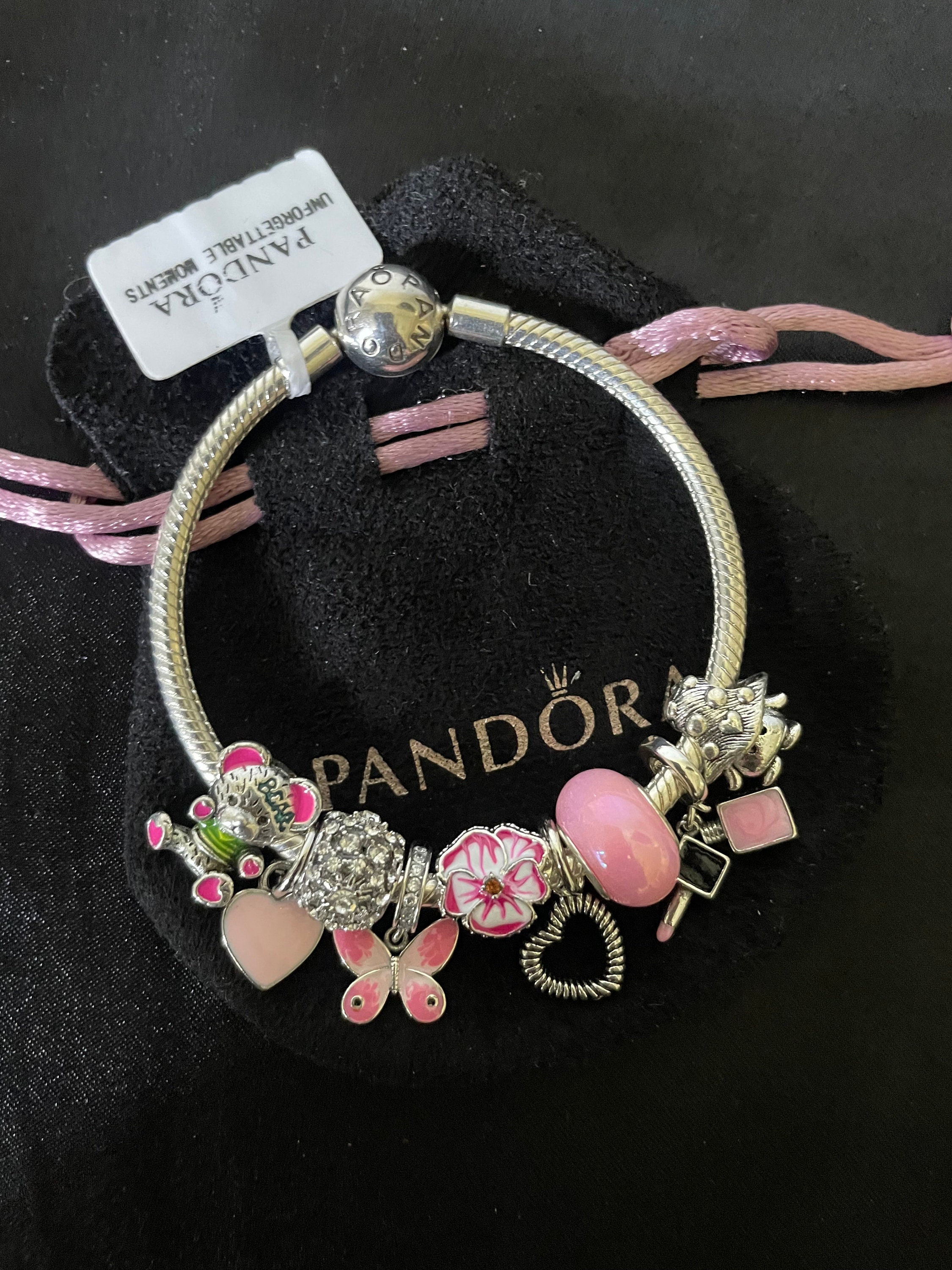 PANDORA SILVER CHARM BRACELET WITH PINK CRYSTAL LOVE MY KITTY CHARMS & GIFT  BOX!