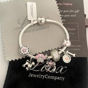 Linx Silver Snake Chain Bracelet with Pink Poodle Themed Charms 925 sterling silver