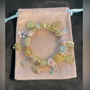 Linx Yellow Gold Snake Chain Bracelet with Pink Mom Themed Charms