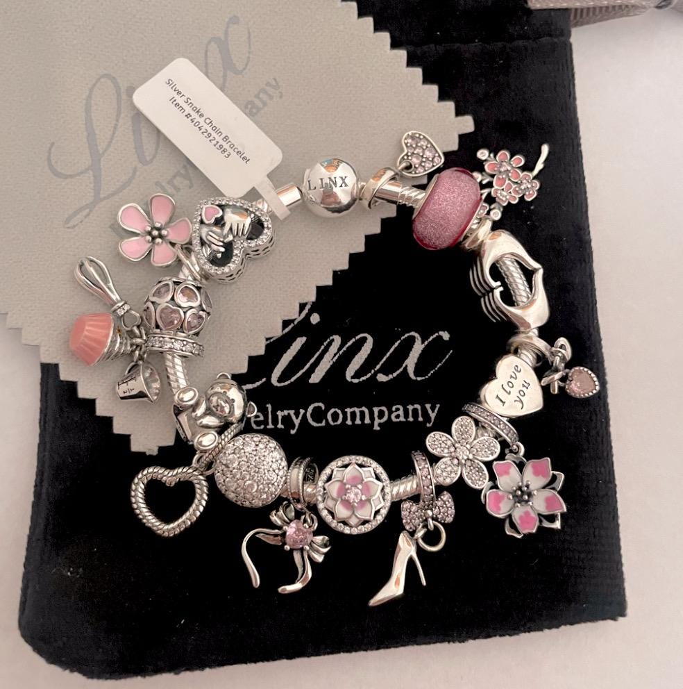 Linx Snake Chain Bracelet With Silver and Pink Themed Charms 925