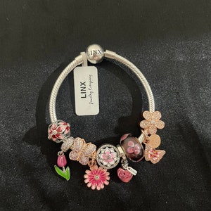 Linx Snake Chain Bracelet with Rose Gold Silver and Pink Themed Charms