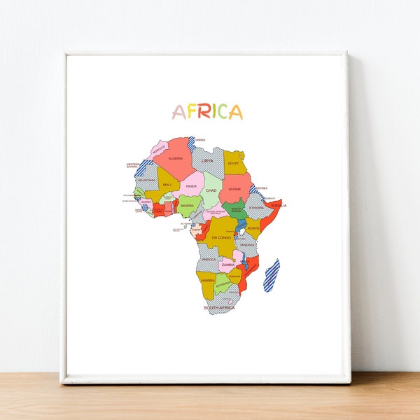 Digital Map of Africa, Printable Africa Map, Colorful Home or Office Africa Map, Africa Map Wall Art Deco