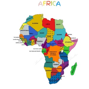 Pode incluir: Um mapa colorido da África com as fronteiras de cada país delineadas em preto. Os países estão coloridos em diferentes tons de vermelho, laranja, amarelo, verde, azul e roxo. Os nomes de cada país estão escritos em texto branco.