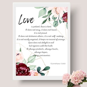 Love is Patient, Love is Kind, Bible Verse, Wedding Gift, Printable Wall Art, Christian Wall Art, Watercolor Scripture,