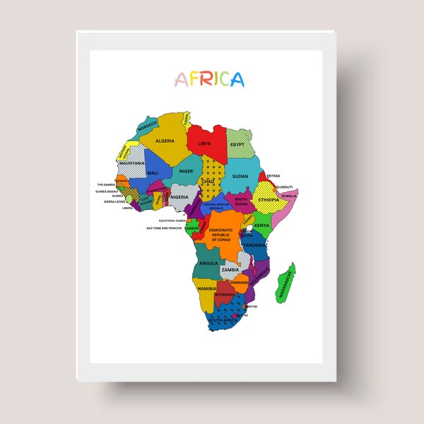 Digital Map Of Africa, Colorful Home or Office Wall Art Deco Map Of Africa