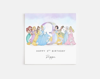 May include: A square birthday card featuring watercolor illustrations of Disney princesses. The princesses are arranged around a large number 3. The text "HAPPY 3RD BIRTHDAY Pippa" is written below the princesses.