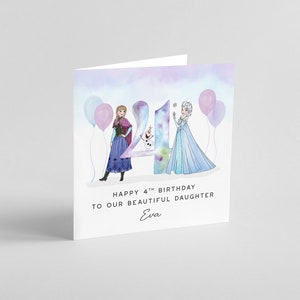 Pode incluir: Um cart&atilde;o de anivers&aacute;rio com as personagens Elsa e Anna do filme Frozen. O cart&atilde;o tem um fundo de aquarela com o n&uacute;mero 4 e o texto "Feliz 4&ordm; anivers&aacute;rio para nossa linda filha Eva".