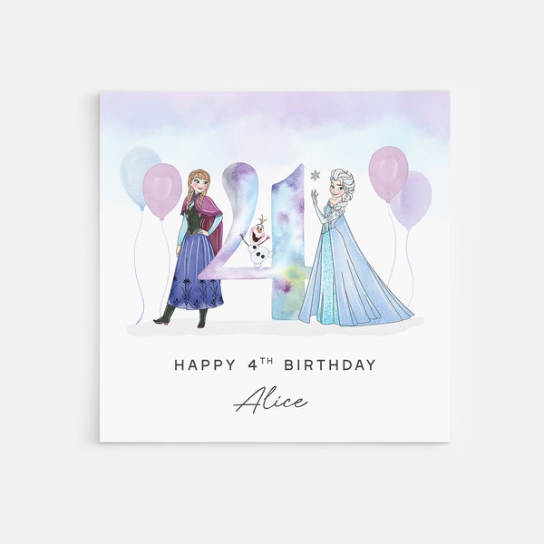 Carte personnalisée imprimée pour les 4 ans de La Reine des neiges de la princesse Elsa Anna Olaf