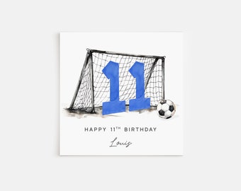 Personalised Printed 11th Birthday Card Football Goal Blue