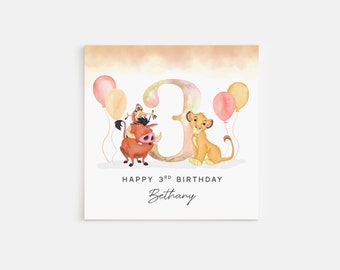 May include: A watercolor birthday card featuring a large number 3 with a lion and a warthog from the Lion King movie. The card has a light orange background with pink and yellow balloons. The text on the card reads "Happy 3rd Birthday Bethany".