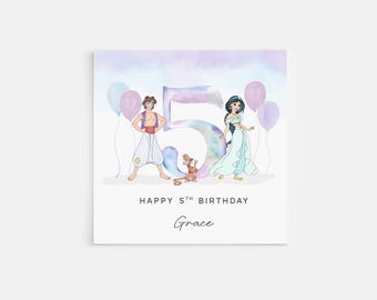 Tarjeta de cumpleaños personalizada impresa para el 5º cumpleaños de Aladdin, la princesa Jasmine y Abu