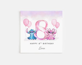 Personalised Printed 8th Birthday Card Stitch & Angel Disney