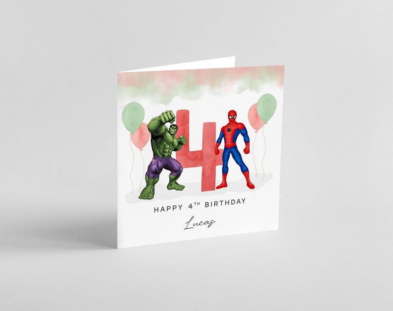 Personalised Printed 4th Birthday Card The Hulk Spiderman Avengers marvel image 2