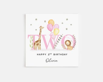 Personalised Printed 2nd Birthday Card Pink Orange Purple Safari Two