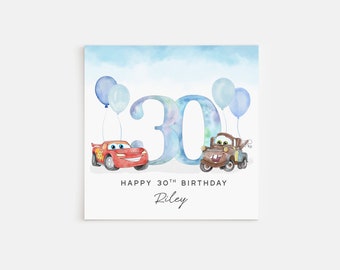 Personalised Printed 30th Birthday Card Blue Cars Lightning McQueen Mater