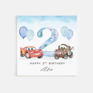 Personalised Printed 2nd Birthday Card Blue Cars Lightning McQueen Mater