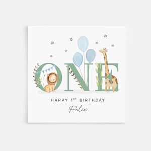 Personalised Printed 1st Birthday Card Green Blue Safari