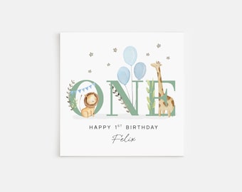 Personalised Printed 1st Birthday Card Green Blue Safari
