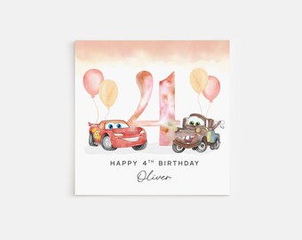 May include: A watercolor birthday card with a pink and orange number four, two cartoon cars, and the text "Happy 4th Birthday Oliver".
