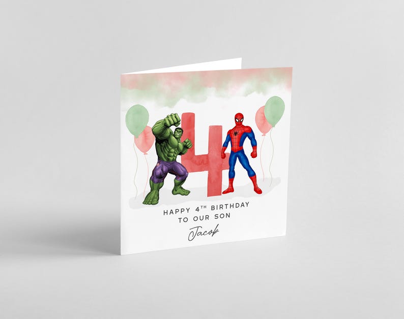 Personalised Printed 4th Birthday Card The Hulk Spiderman Avengers marvel image 3