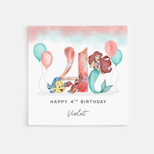 Personalised Printed 4th Birthday Card Little Mermaid Ariel Princess Sebastian Flounder