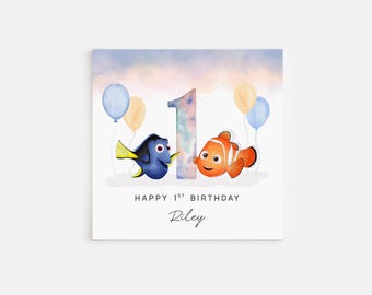 Tarjeta de primer cumpleaños personalizada e impresa de Buscando a Nemo y Dory