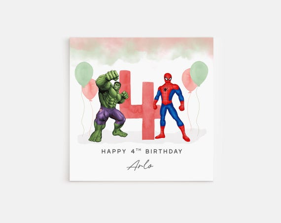 Personalised Printed 4th Birthday Card The Hulk Spiderman Avengers marvel
