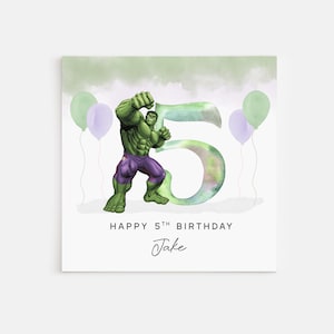 May include: A green and purple birthday card with a watercolor number 5 and a cartoon image of the Hulk. The card says "Happy 5th Birthday Jake".