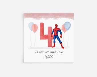 Cartão de aniversário personalizado impresso do Homem-Aranha para o 4º aniversário.