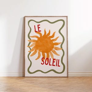Lámina de Le Soleil, arte mural con un sol caprichoso, decoración infantil con cita francesa, póster infantil bohemio neutro, lámina minimalista moderna para habitación, descarga digital