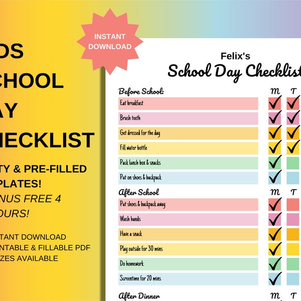 EDITABLE Kid's School Day Checklist Schedule, Morning Routine for Kids, Ready for School Routine Chart, A4/A5/Letter/Classic Happy Planner