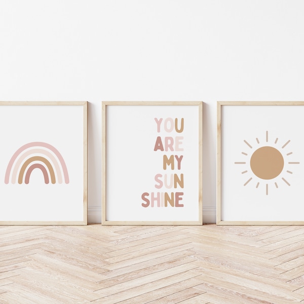 Pastel Pink Rainbow Sunshine Sun Set of 3 Prints, Nursery Wall Art, You Are My Sunshine, Boho Nursery & Kids Room Decor, Printable Wall Art