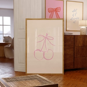 Estampado de lazo de cerezas rosas, decoración de habitación coqueta, arte de pared femenino y adorable, decoración de sala de estar moderna, póster estético para apartamento, descarga digital