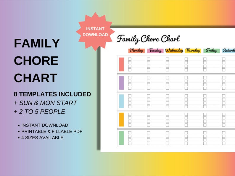 EDITABLE Family Chore Chart Printable Weekly Chore List Kids - Etsy