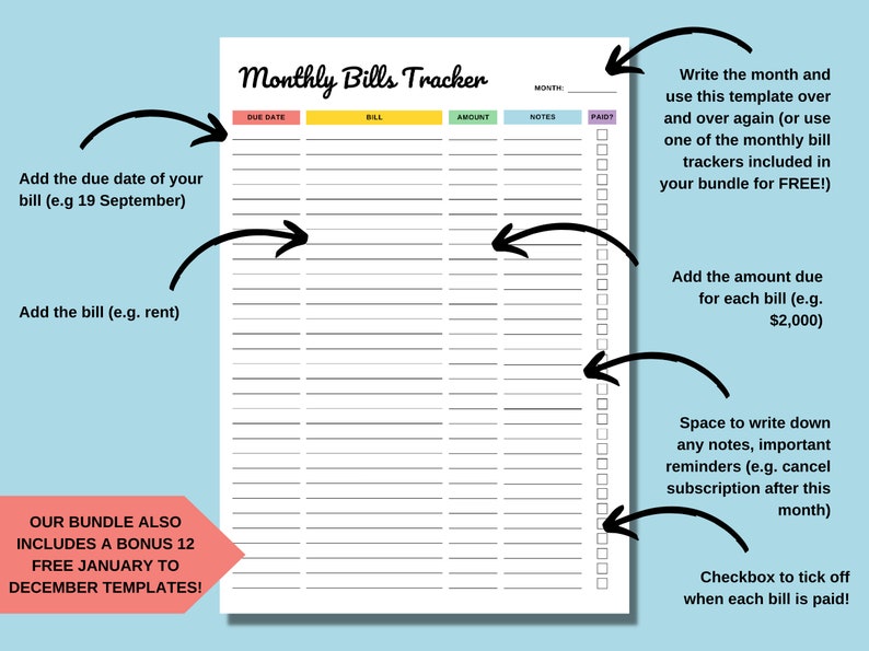 EDITABLE Monthly Bills Tracker Printable Fillable Monthly - Etsy
