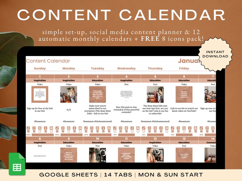 EDITABLE Social Media Content Calendar Template Google Sheets Etsy