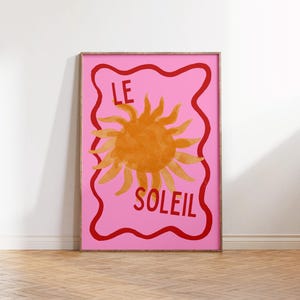 Lámina "Le Soleil", arte mural infantil con un sol caprichoso, decoración infantil con cita francesa, póster para sala de juegos, lámina moderna rosa para habitación de niña, descarga digital