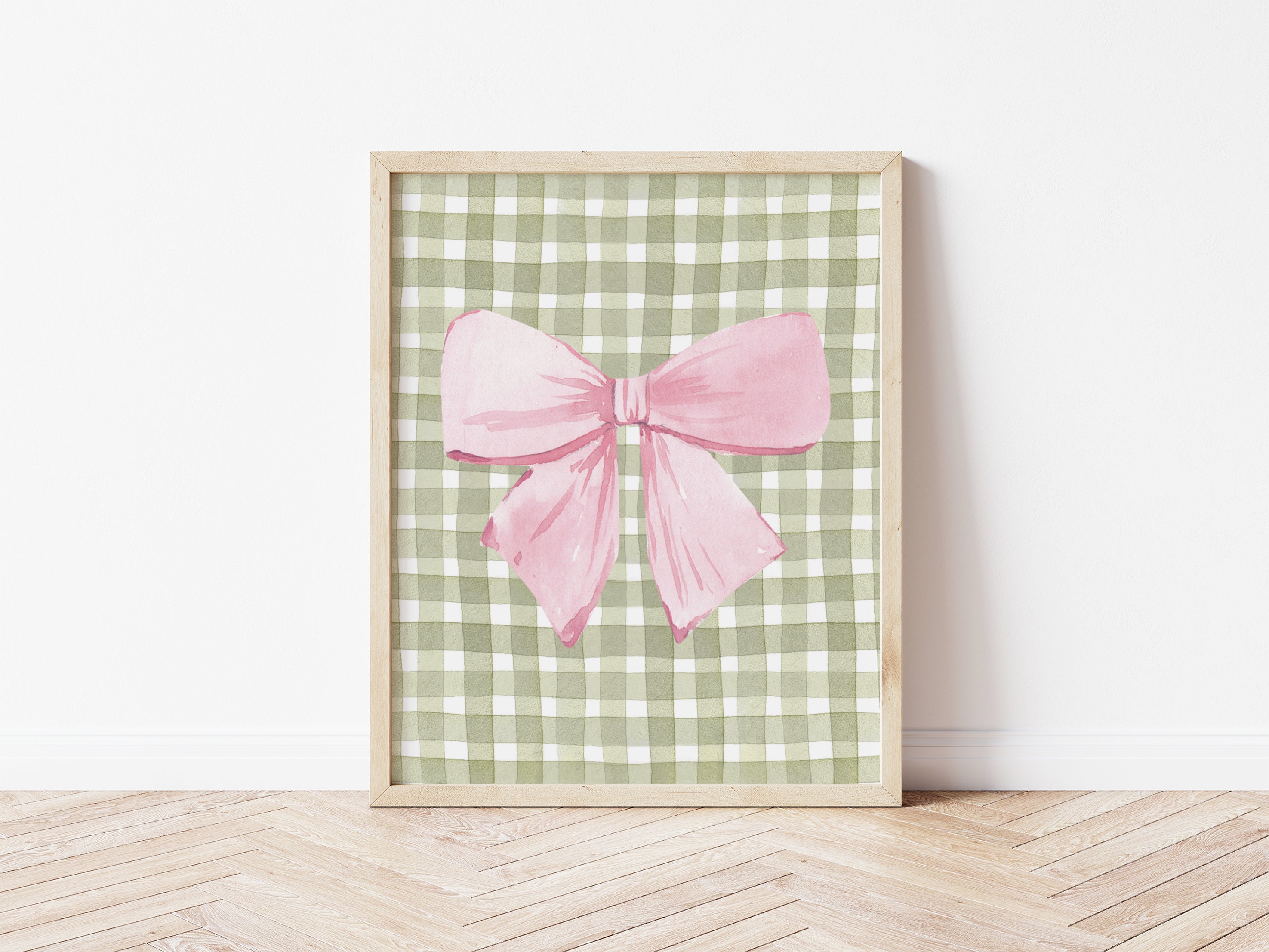 Pink Bow Print, Baby Girl Nursery, Cute Watercolor Pink Green Nursery Printable Wall Art, Green Checkered, Kids Room Decor, Digital Download