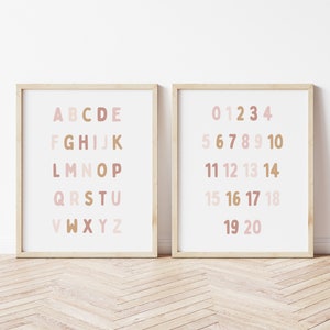 Pastel Pink Alphabet & Numbers Print Set of 2, Homeschool Poster, Classroom Poster, Educational Wall Art, Girl Nursery Decor, Playroom Decor