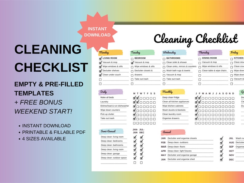 EDITABLE Cleaning Schedule Checklist Weekly Monthly Yearly Etsy