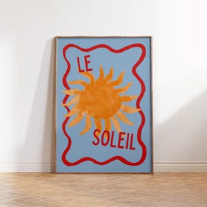 Lámina "Le Soleil", arte mural con un sol caprichoso, decoración infantil con cita francesa, póster divertido para habitación infantil, lámina azul moderna, descarga digital