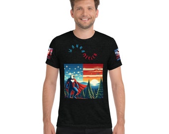 Patriotic Crewneck T-shirt, Eagle Stars and Stripes, Outdoor Patriotic Scene, Premium Short Sleeve T-Shirt, | Super Eagle Tee, WannAmerica