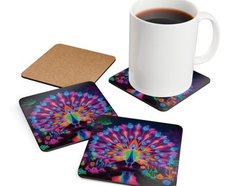 Neon Peacock Coaster Set | 4 coasters, neon, peacock, corkback, home decor