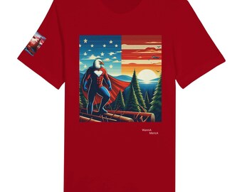 Patriotic Crewneck T-shirt, Eagle with Stars and Stripes, Outdoor patriotic scene, Premium T-Shirt, Short Sleeve T-Shirt | Super Eagle