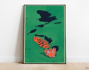 Poster della tigre che nuota - Arte murale naturalistica - Decorazione moderna della giungla - Stampa artistica da parete a tema natura