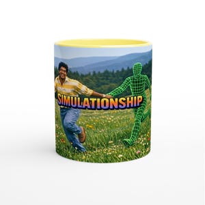 May include: A ceramic mug with a yellow interior and rim, featuring a graphic of a person in a striped shirt and blue jeans running through a field holding hands with a green wireframe figure. The text SIMULATIONSHIP is printed in bold letters.
