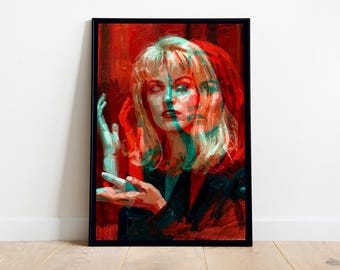 Puede incluir: Impresión artística enmarcada que presenta un retrato de una mujer con cabello rubio, renderizado en una paleta de colores rojo, turquesa y negro. La obra de arte tiene un efecto de capas, con el rostro del sujeto apareciendo varias veces. Las manos de la mujer son visibles.