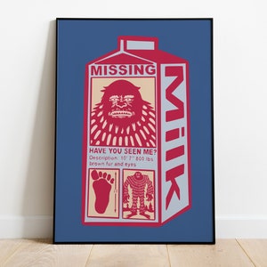 Big Foot, heb je me gezien?, ontbrekend melkpak - artwork illustratie print poster, premium semi-glanzend papier
